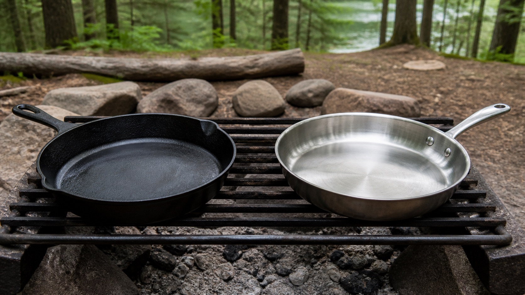 Durable camp cookware set securely on an established campsite grate