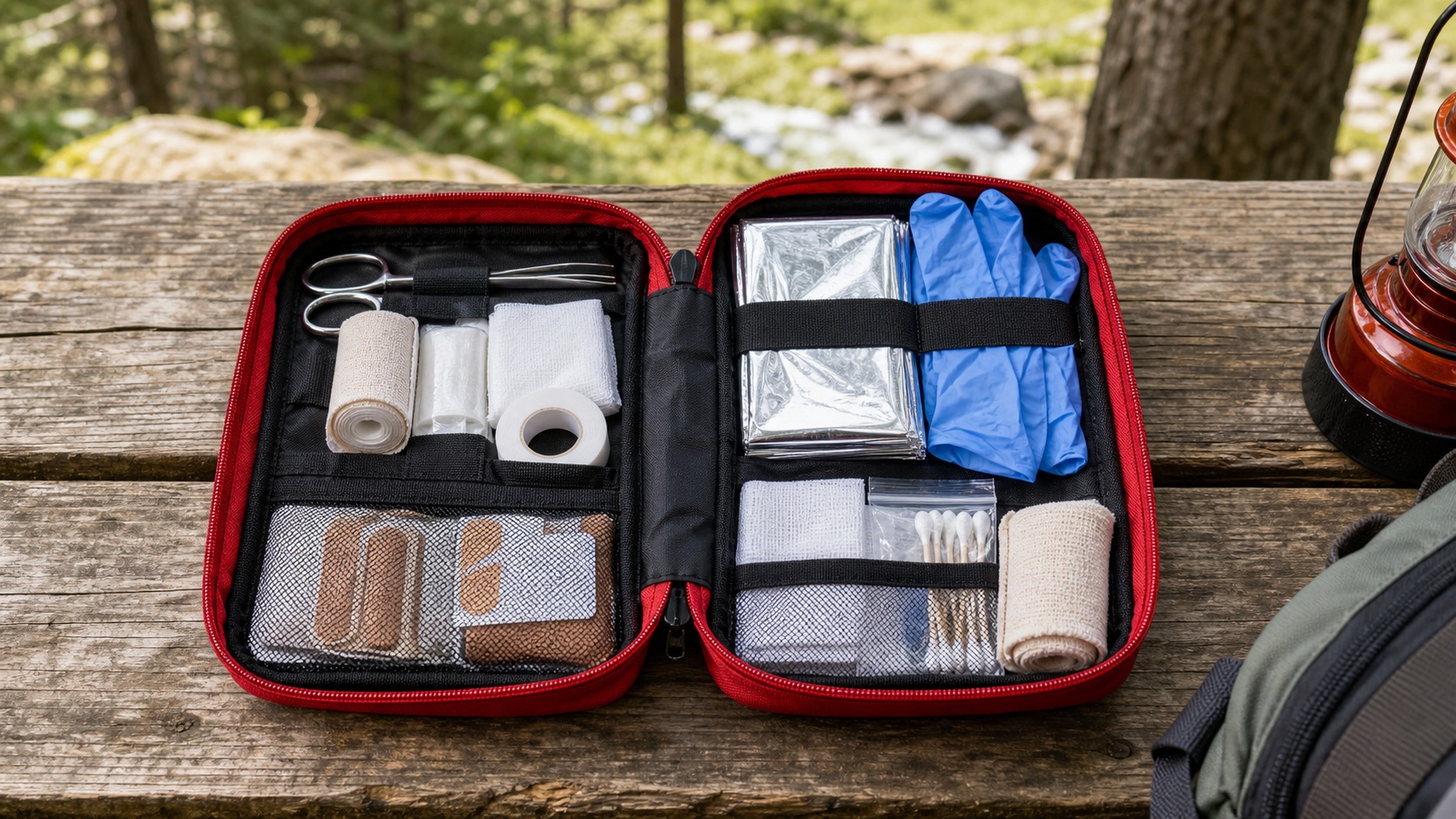 Organized camping first-aid supplies in an open red pouch on a camp table