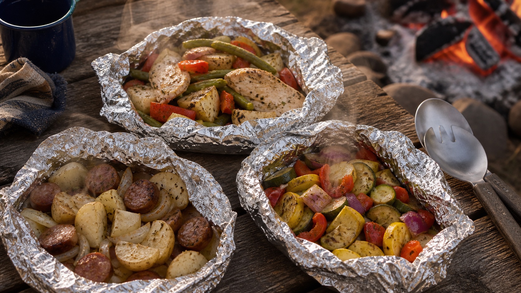 Three easy cooked camp meals served in foil packets on a campsite table
