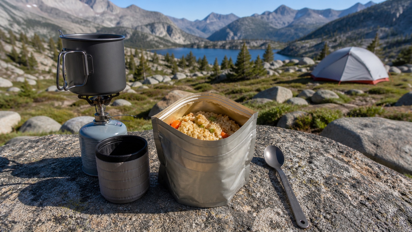 Lightweight shelf-stable trail meal and utensils at a mountain campsite