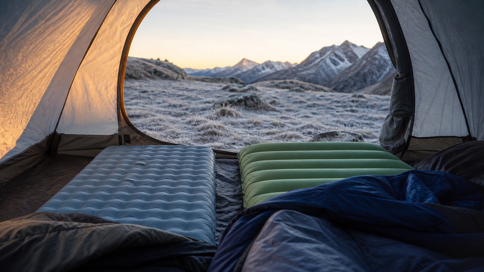 Thin and insulated sleeping pads compared side by side inside a cold-weather tent