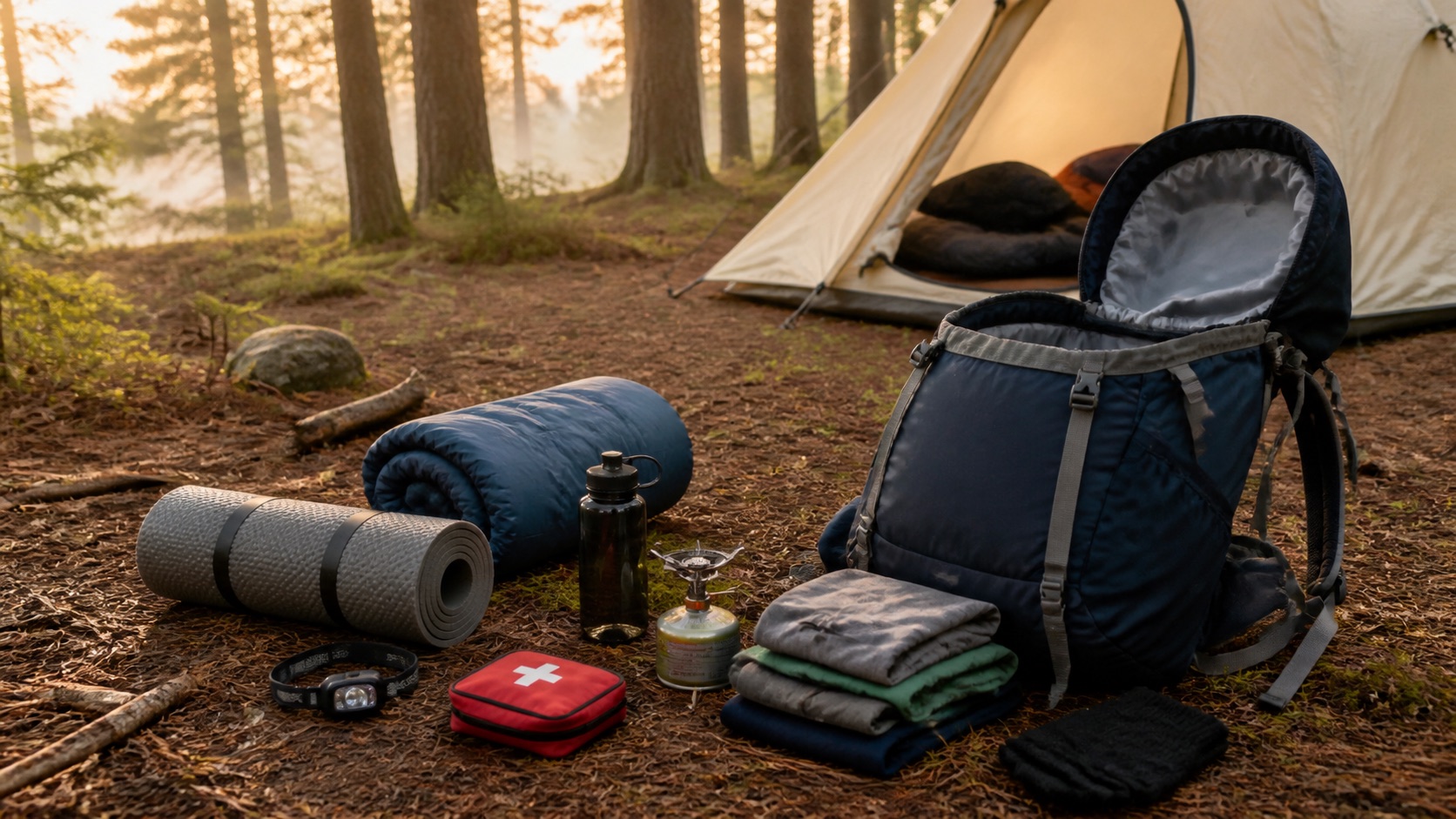 Tent camping essentials arranged beside an open backpack at a forest campsite