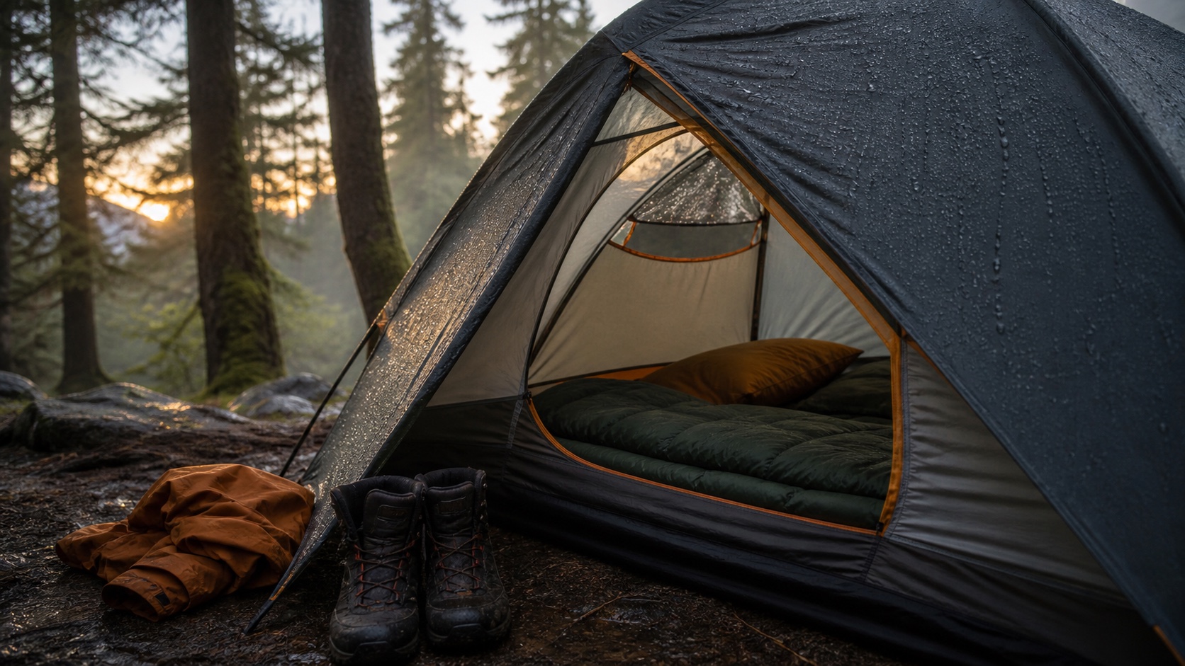 Rain-damp backpacking tent with open ventilation and wet boots stored outside the sleeping area